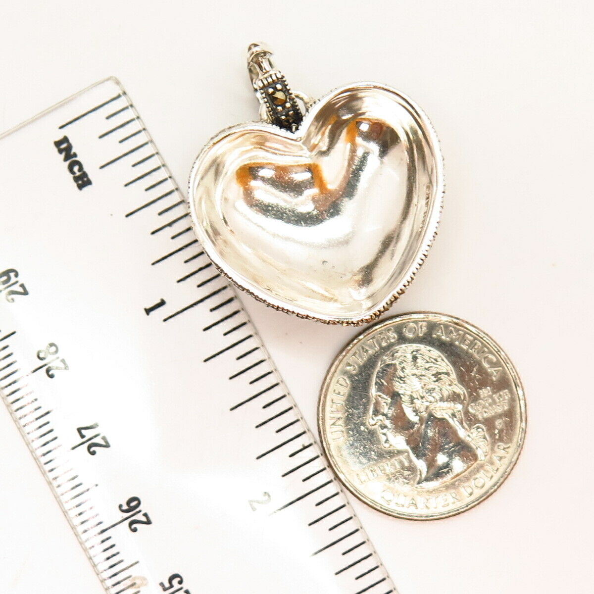 925 Sterling Silver Real Marcasite Gemstone Heart Enhancer Pendant