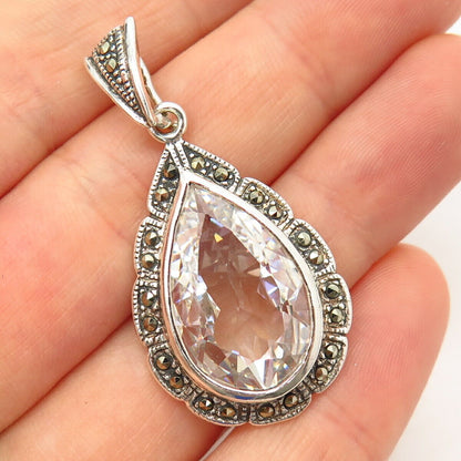 925 Sterling Silver Real Marcasite Gemstone & C Z Teardrop Design Pendant