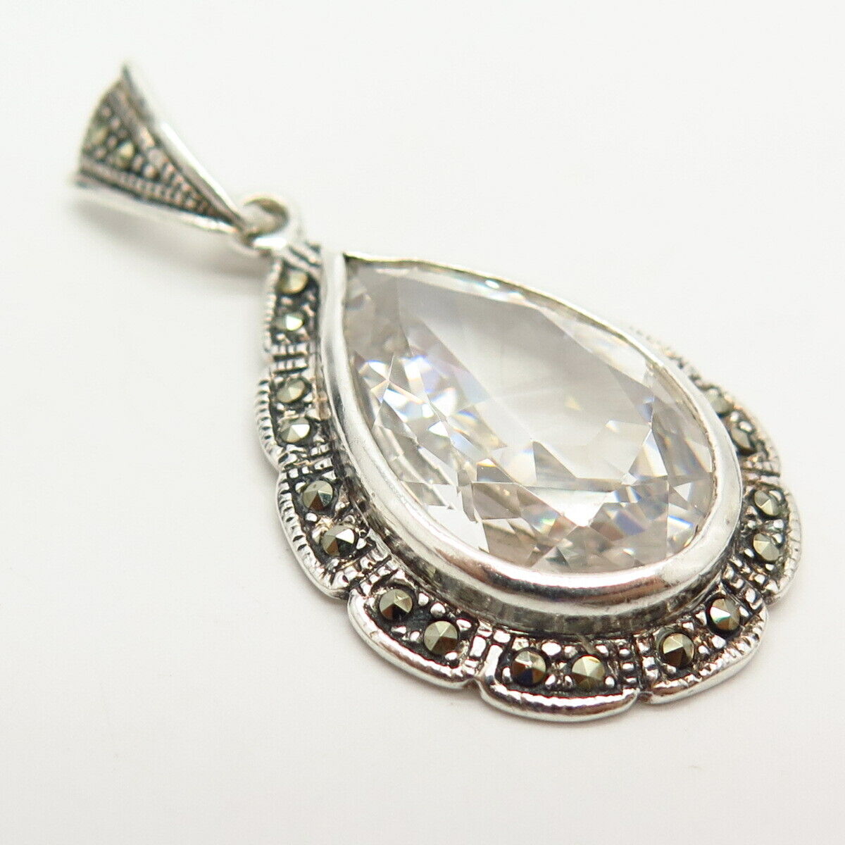 925 Sterling Silver Real Marcasite Gemstone & C Z Teardrop Design Pendant