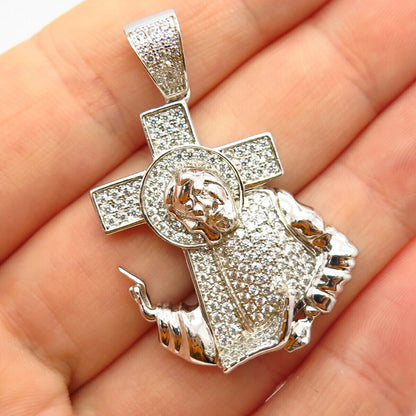 925 Sterling Silver C Z Cross Jesus Religious Pendant