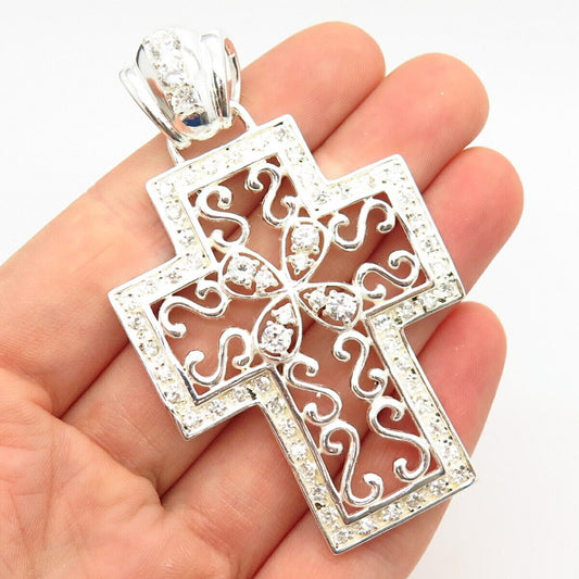 925 Sterling Silver C Z Cutout Swirl Design Cross Pendant