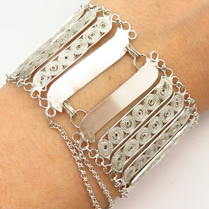 925 Sterling Silver Antique Filigree Design Wide Link Bracelet 6 3/4"