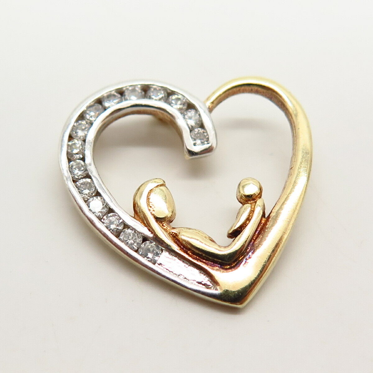 925 Sterling Silver 2-Tone C Z Mother & Baby Heart Design Slide Pendant