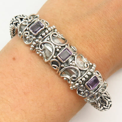 925 Sterling Silver Real Amethyst Gemstone Boho Design Wheat Link Bracelet 7"