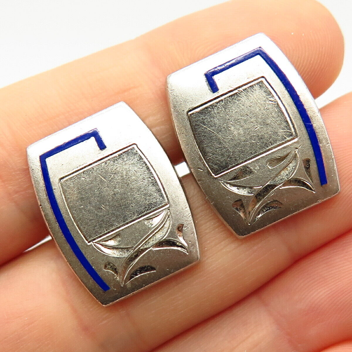 925 Sterling Silver Vintage Blue Enamel ID Cufflinks