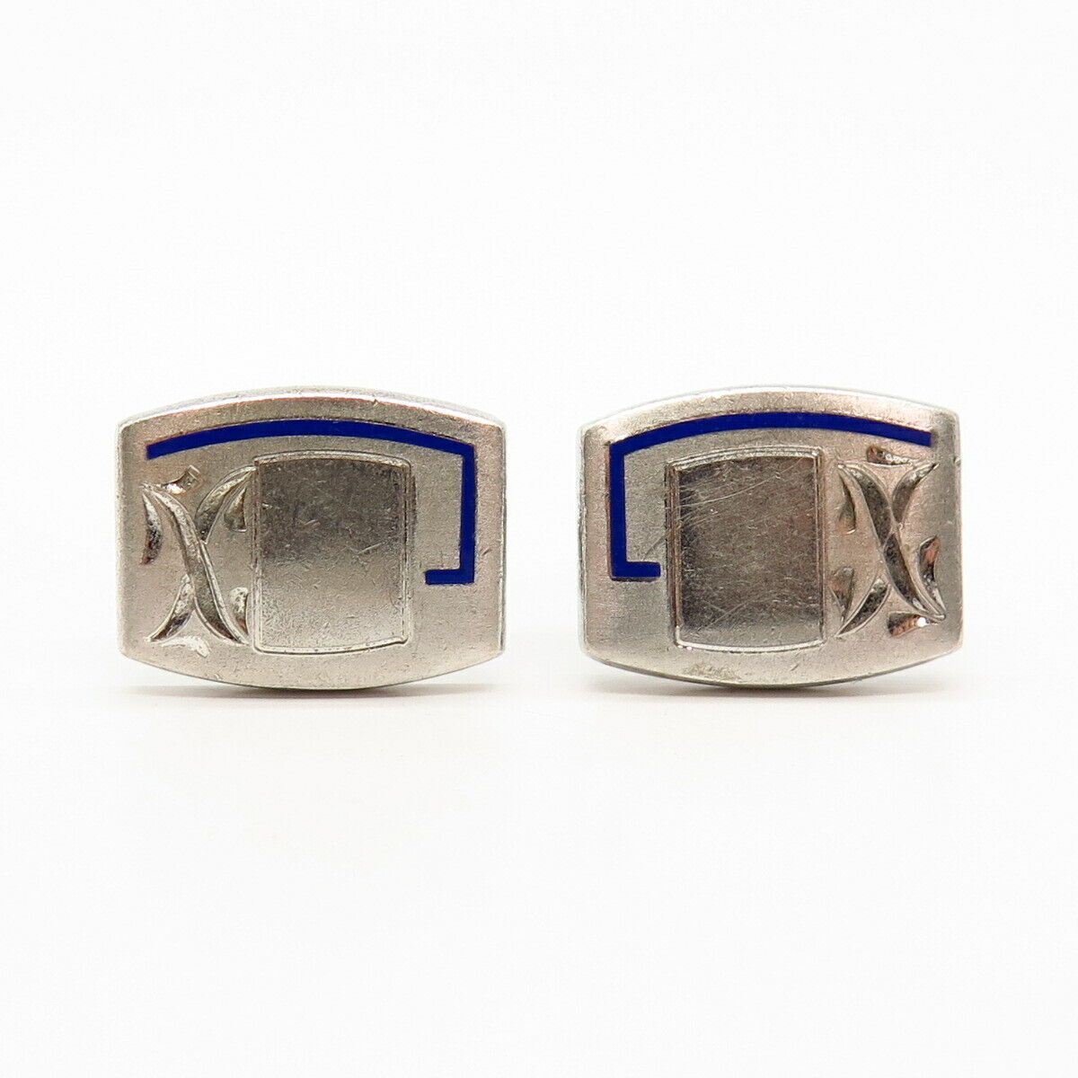 925 Sterling Silver Vintage Blue Enamel ID Cufflinks