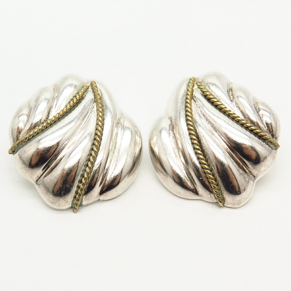 925 Sterling Sliver 2-Tone Vintage Mexico Shell Design Earrings