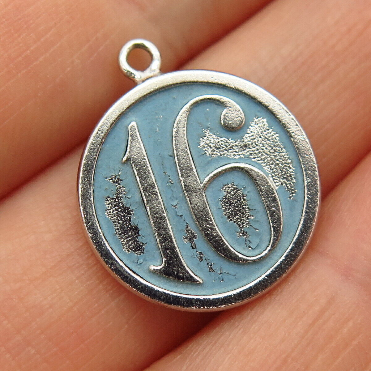 925 Sterling Silver Vintage Wells Enamel "Sixteen" Charm Pendant