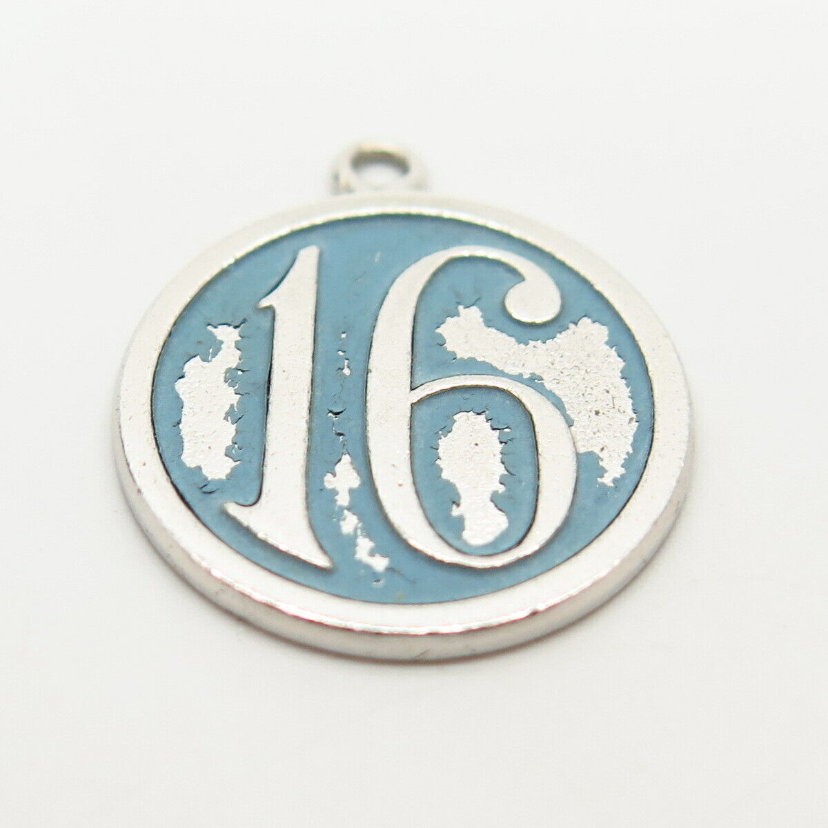 925 Sterling Silver Vintage Wells Enamel "Sixteen" Charm Pendant