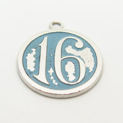 925 Sterling Silver Vintage Wells Enamel "Sixteen" Charm Pendant