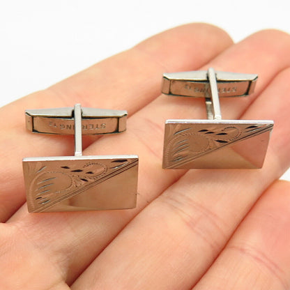 925 Sterling Silver Vintage Etched Floral Design Cufflinks