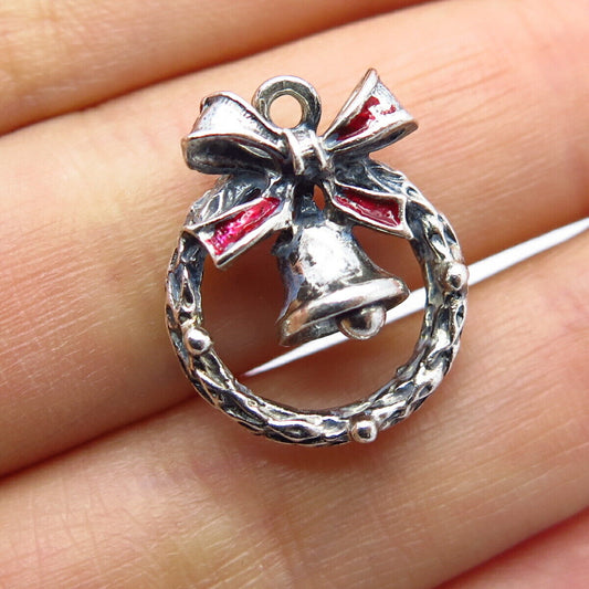 925 Sterling Silver Vintage Enamel Christmas Wreath Bell Charm Pendant