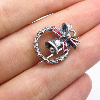 925 Sterling Silver Vintage Enamel Christmas Wreath Bell Charm Pendant