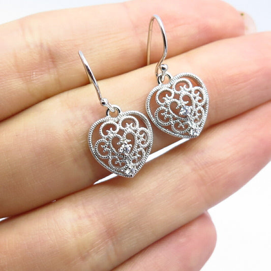 925 Sterling Silver C Z Cutout Heart Design Dangling Earrings