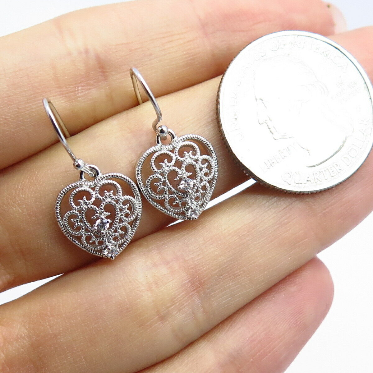 925 Sterling Silver C Z Cutout Heart Design Dangling Earrings