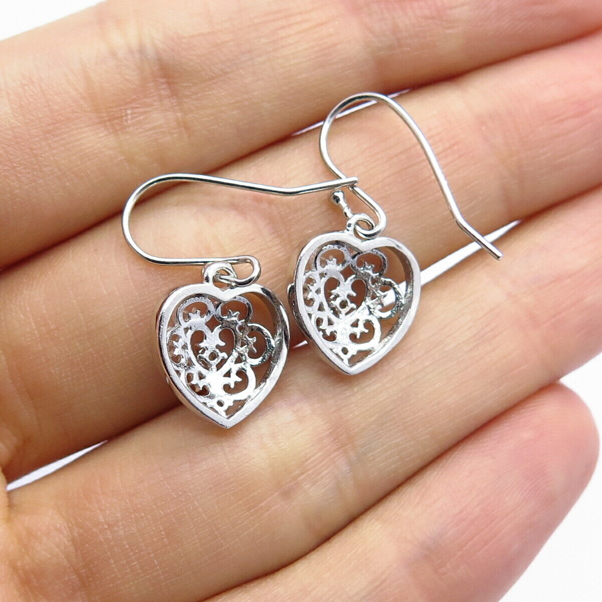 925 Sterling Silver C Z Cutout Heart Design Dangling Earrings