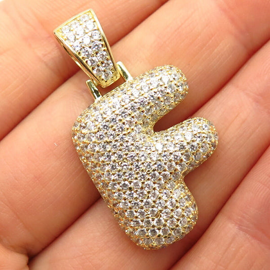 925 Sterling Silver Gold Plated Pave C Z Puffy "Letter F" Initial Design Pendant