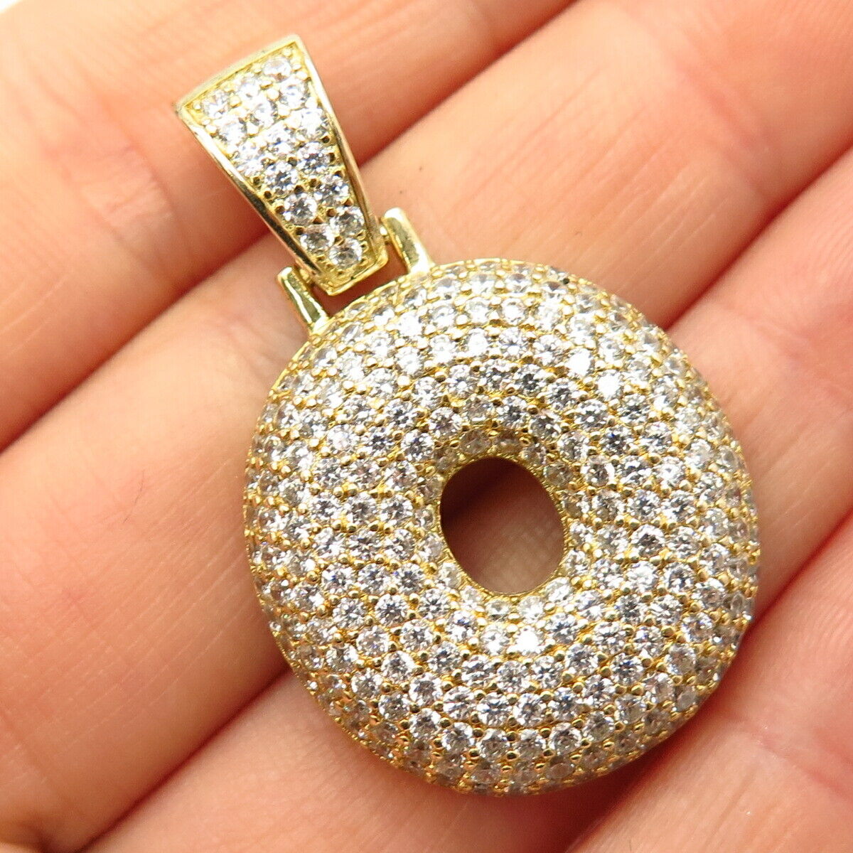 925 Sterling Silver Gold Plated Pave C Z Puffy "Letter O" Initial Design Pendant