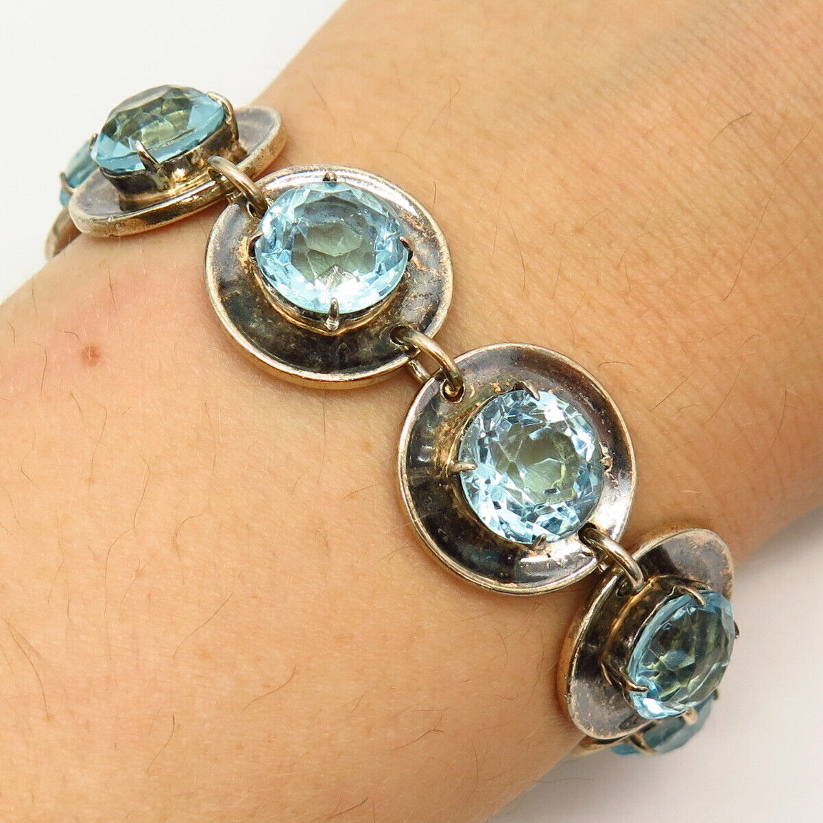 925 Sterling Silver Antique Blue Topaz-Tone C Z Link Bracelet 7 1/4"