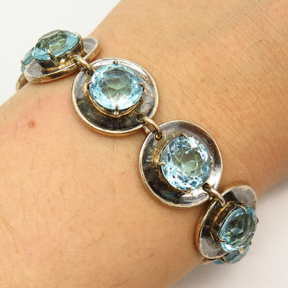 925 Sterling Silver Antique Blue Topaz-Tone C Z Link Bracelet 7 1/4"