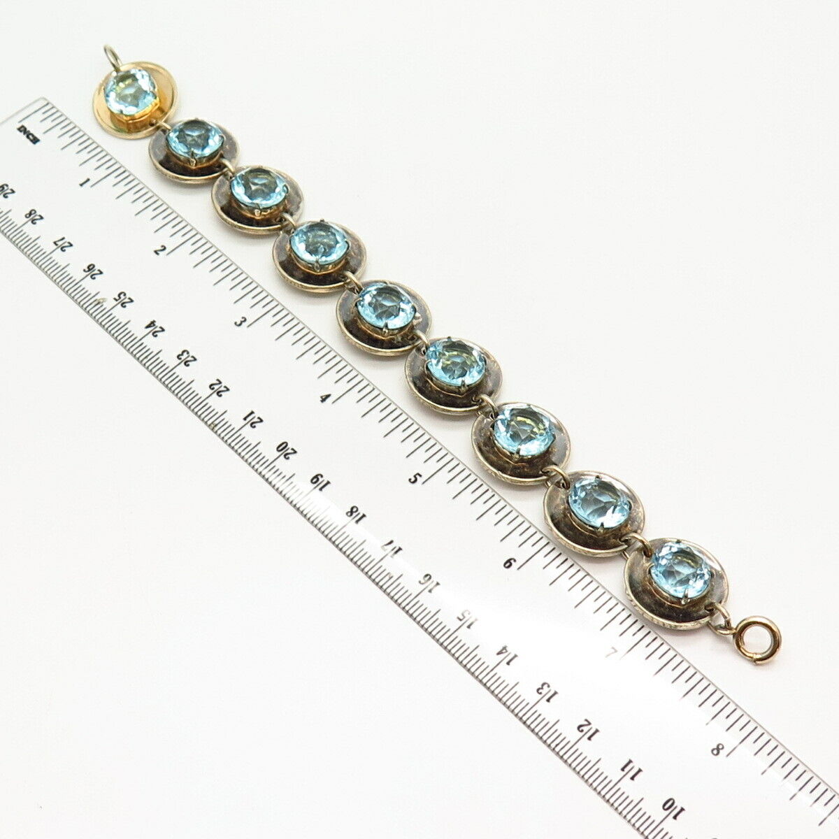 925 Sterling Silver Antique Blue Topaz-Tone C Z Link Bracelet 7 1/4"