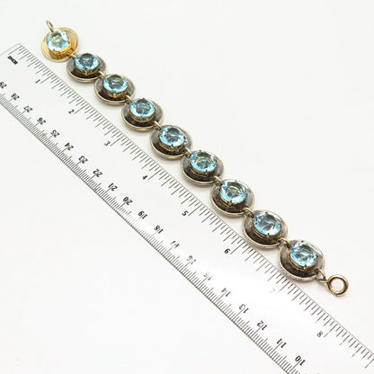 925 Sterling Silver Antique Blue Topaz-Tone C Z Link Bracelet 7 1/4"