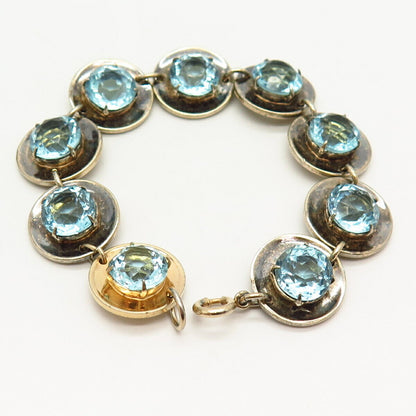 925 Sterling Silver Antique Blue Topaz-Tone C Z Link Bracelet 7 1/4"