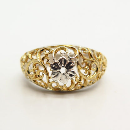 925 Sterling Silver 2-Tone Floral Ornate Design Ring