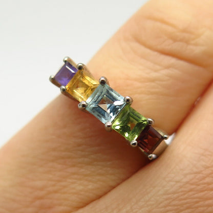 925 Sterling Silver Real Multi-Color Gemstone 5-Stone Ring