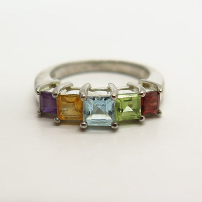 925 Sterling Silver Real Multi-Color Gemstone 5-Stone Ring