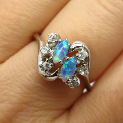 925 Sterling Silver White & Opal-Tone C Z Ring