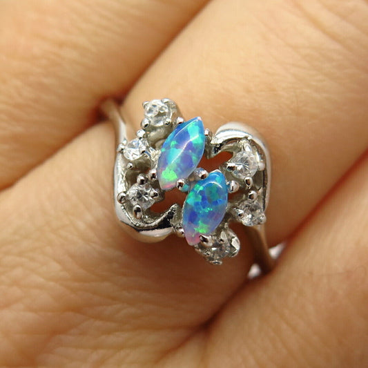 925 Sterling Silver White & Opal-Tone C Z Ring