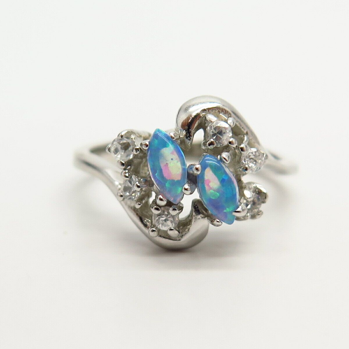 925 Sterling Silver White & Opal-Tone C Z Ring