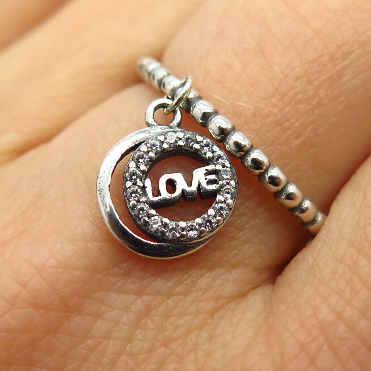 925 Sterling Silver C Z "Love" Bead Design Dangling Ring