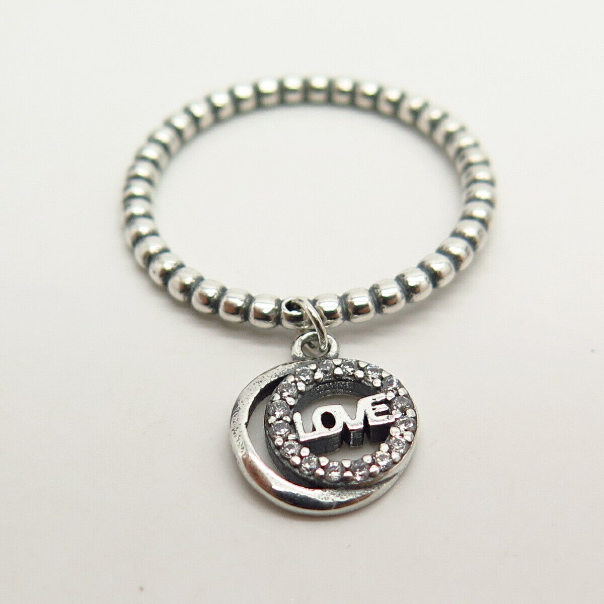 925 Sterling Silver C Z "Love" Bead Design Dangling Ring