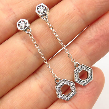 925 Sterling Silver C Z Dangling Gear Design Long Chain Earrings