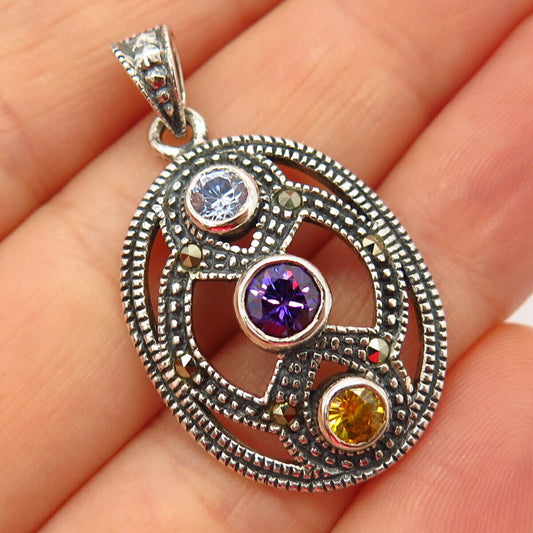 925 Sterling Silver Real Marcasite Gem & Multi-Color C Z Oval Pendant