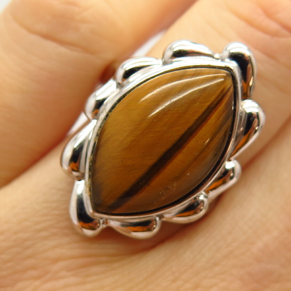 925 Sterling Silver Real Tiger Eye Gemstone Wide Ring Size 7