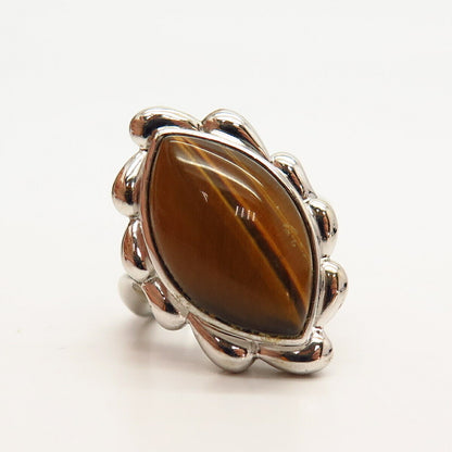 925 Sterling Silver Real Tiger Eye Gemstone Wide Ring Size 7