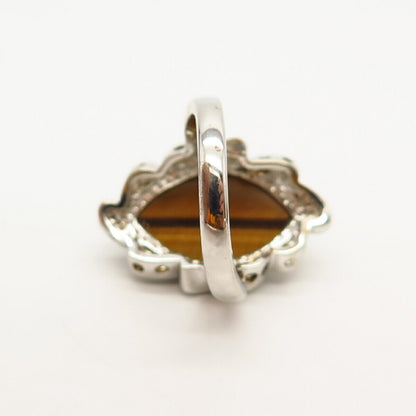 925 Sterling Silver Real Tiger Eye Gemstone Wide Ring Size 7