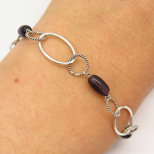 925 Sterling Silver Amethyst-Tone Glass Link Bracelet 6 3/4"