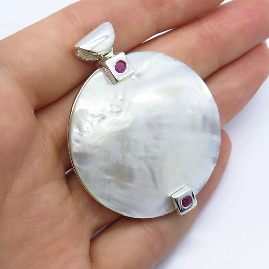 925 Sterling Silver Elle Real Mother-of-Pearl & Ruby Gem Floral Design Pendant