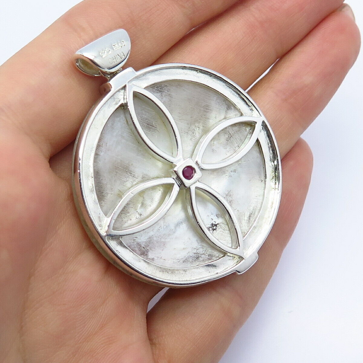 925 Sterling Silver Elle Real Mother-of-Pearl & Ruby Gem Floral Design Pendant