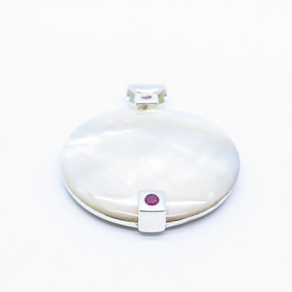 925 Sterling Silver Elle Real Mother-of-Pearl & Ruby Gem Floral Design Pendant