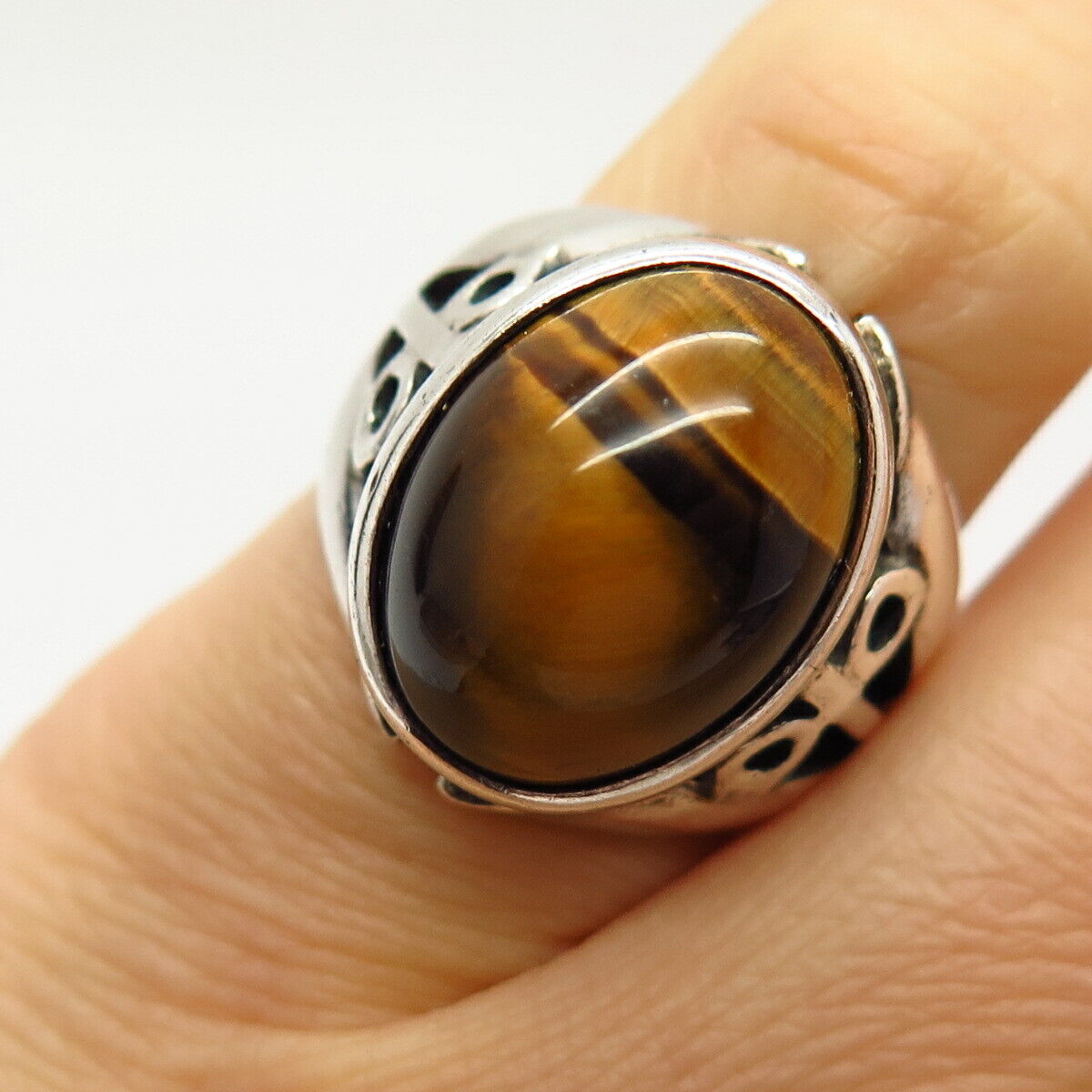 925 Sterling Silver Vintage Real Tiger Eye Gemstone Ring Size 4