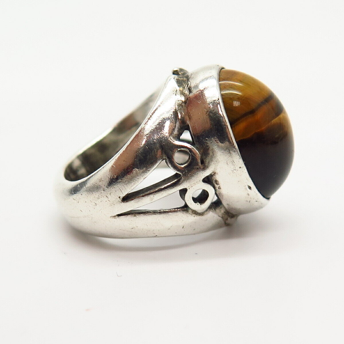 925 Sterling Silver Vintage Real Tiger Eye Gemstone Ring Size 4