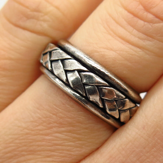 925 Sterling Silver Vintage Mexico Wicker Design Rotating Band Ring Size 6.5