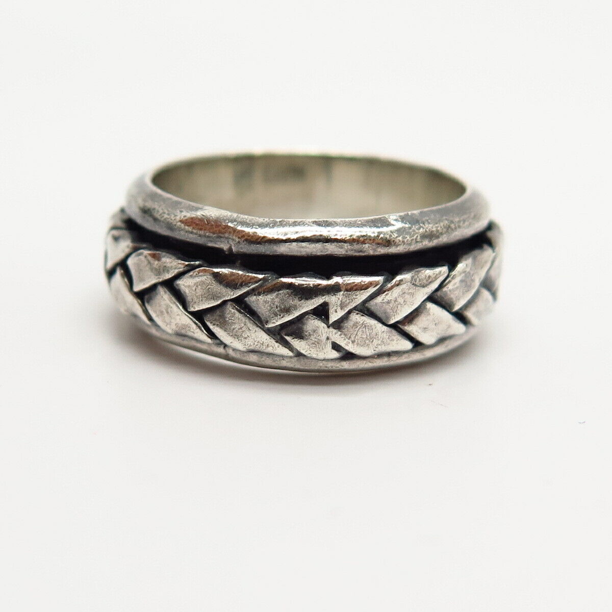 925 Sterling Silver Vintage Mexico Wicker Design Rotating Band Ring Size 6.5