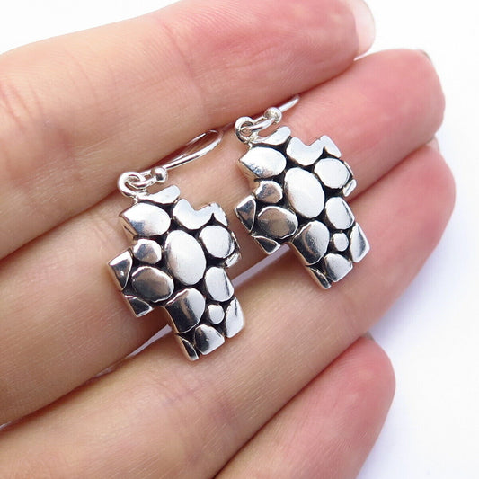 925 Sterling Silver Pebble Cross Design Dangling Earrings