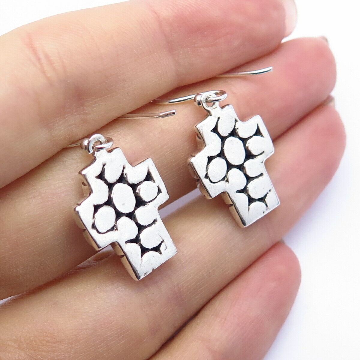 925 Sterling Silver Pebble Cross Design Dangling Earrings